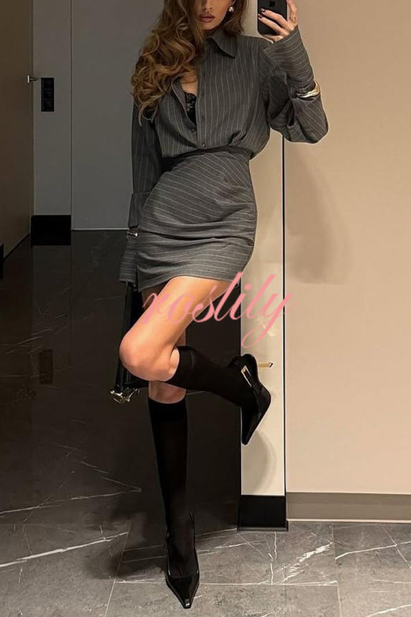 Striped Print Long Sleeve Button-Down Shirt and Hip-Wrap Mini Skirt Set