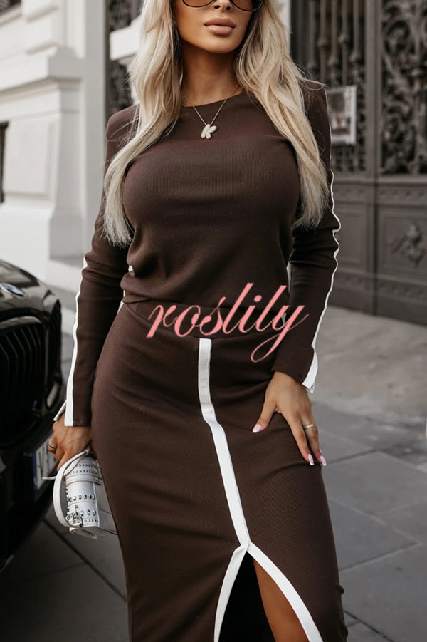 Stylish Paneled Long Sleeve Crew Neck Top and Elastic Waist Slit Midi Skirt Set