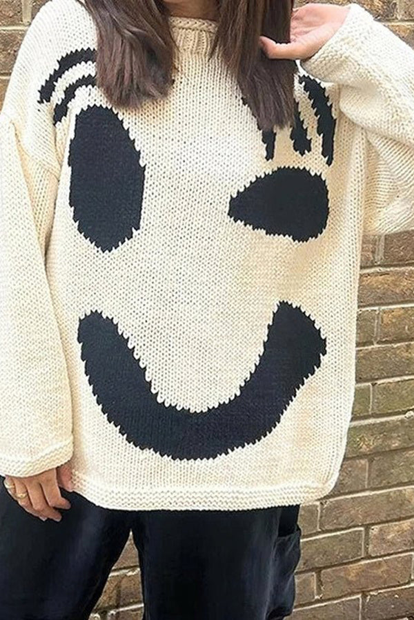 Feel Good Knit Colorful Smiley Face Loose Pullover Sweater