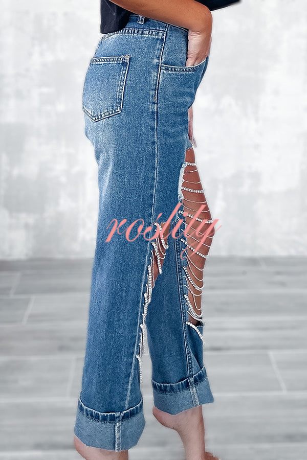 Casual Pocket Ripped Chain Embellished Straight Jeans