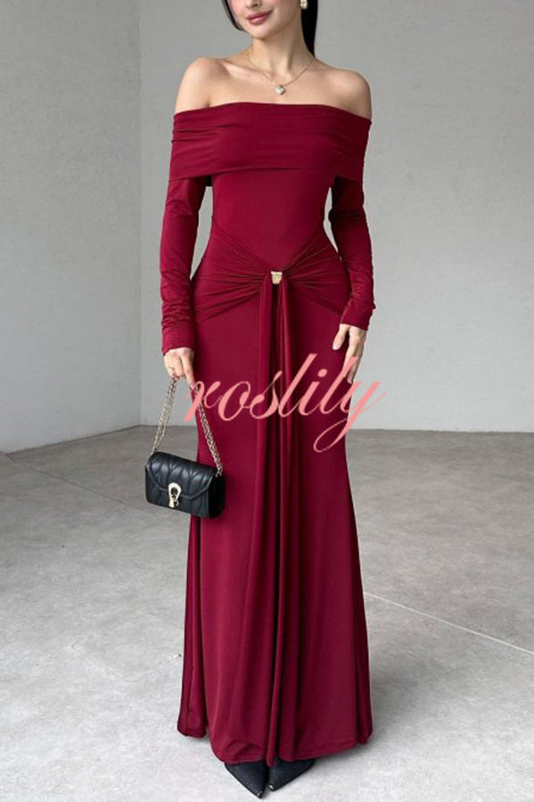 Naia Off Shoulder Long Sleeve Metal Buckle Adjustment Drape Stretch Maxi Dress