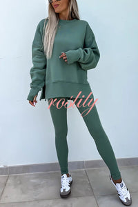 Solid Color Loose Long Sleeve SlitSweatshirt and Elastic Waist Tight Pants Set