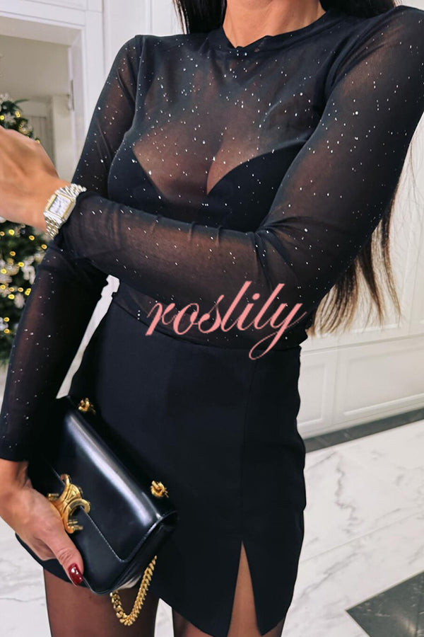 Feeling Flirty Mesh Glitter Fabric Long Sleeve Stretch Bodysuit