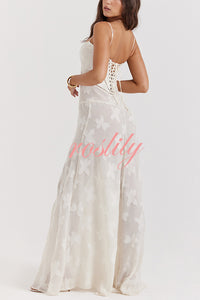 Romantic Vintage Feel Jacquard Fabric Back Lace-up Slip Floaty Maxi Dress