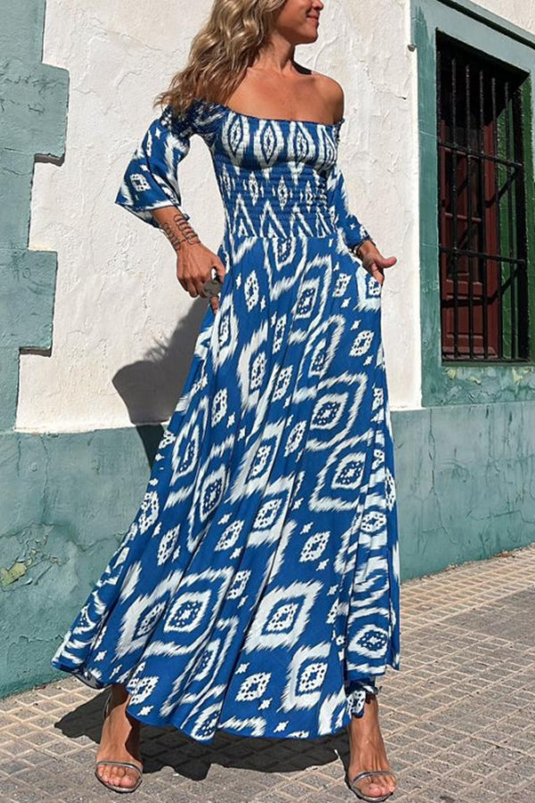 Close To The Vacation Ethnic Print Smocked Off Shoulder Pocketed Maxi Dress