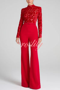 Eleanor Embroidered Floral Lace Long Sleeve Patchwork Belt Flare Jumpsuit