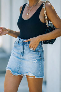 Ripped Frayed Pocket Denim Skirt