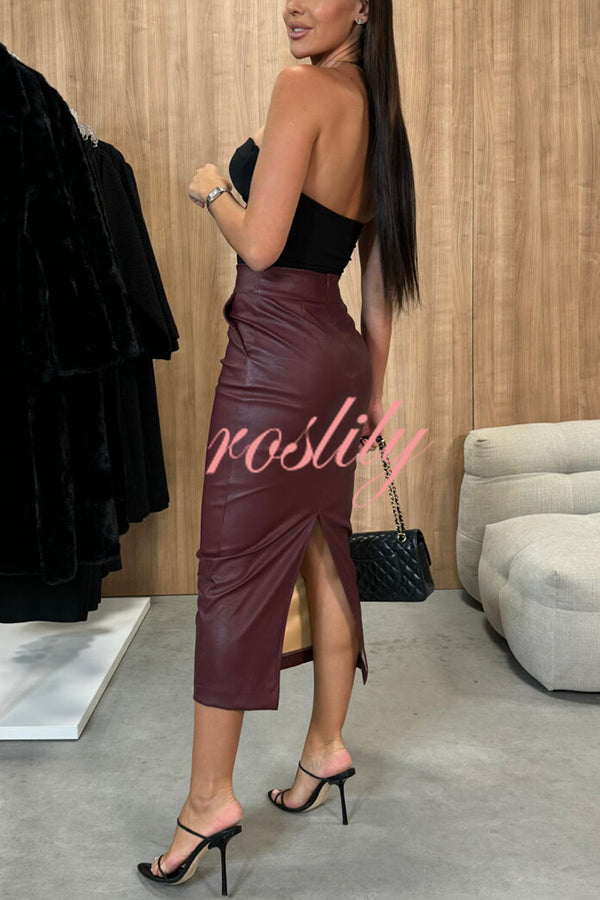 Lindsey Faux Leather High Rise Pocketed Slit Stretch Midi Skirt