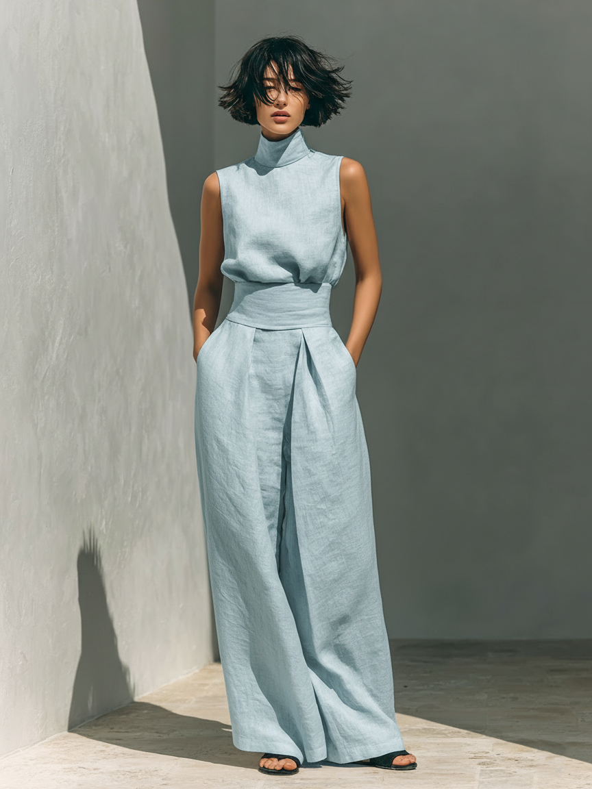 Minimalist Cotton And Linen Sleeveless Blouse And Wide-leg Pants Set
