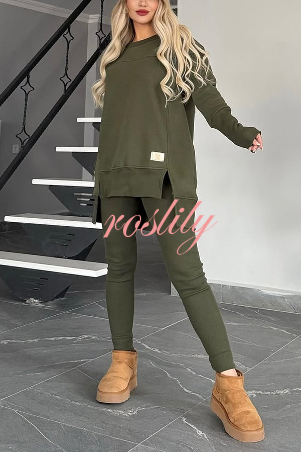 Solid Color Crew Neck Long Sleeve Top and Casual Stretch Pants Set