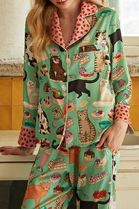 Coffee Cat Print Home Long Sleeve Two Piece Set