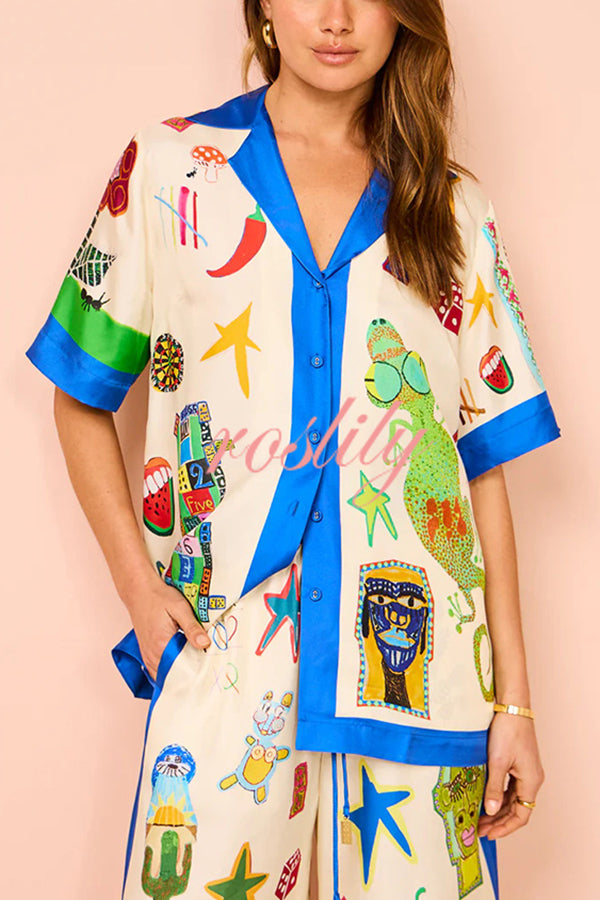 Vibrant Beach Satin Unique Print Colorblock Trim Button Down Oversized Blouse