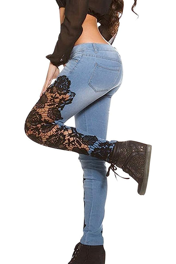 Sexy Side Lace Crochet Appliques Stretch Jeans