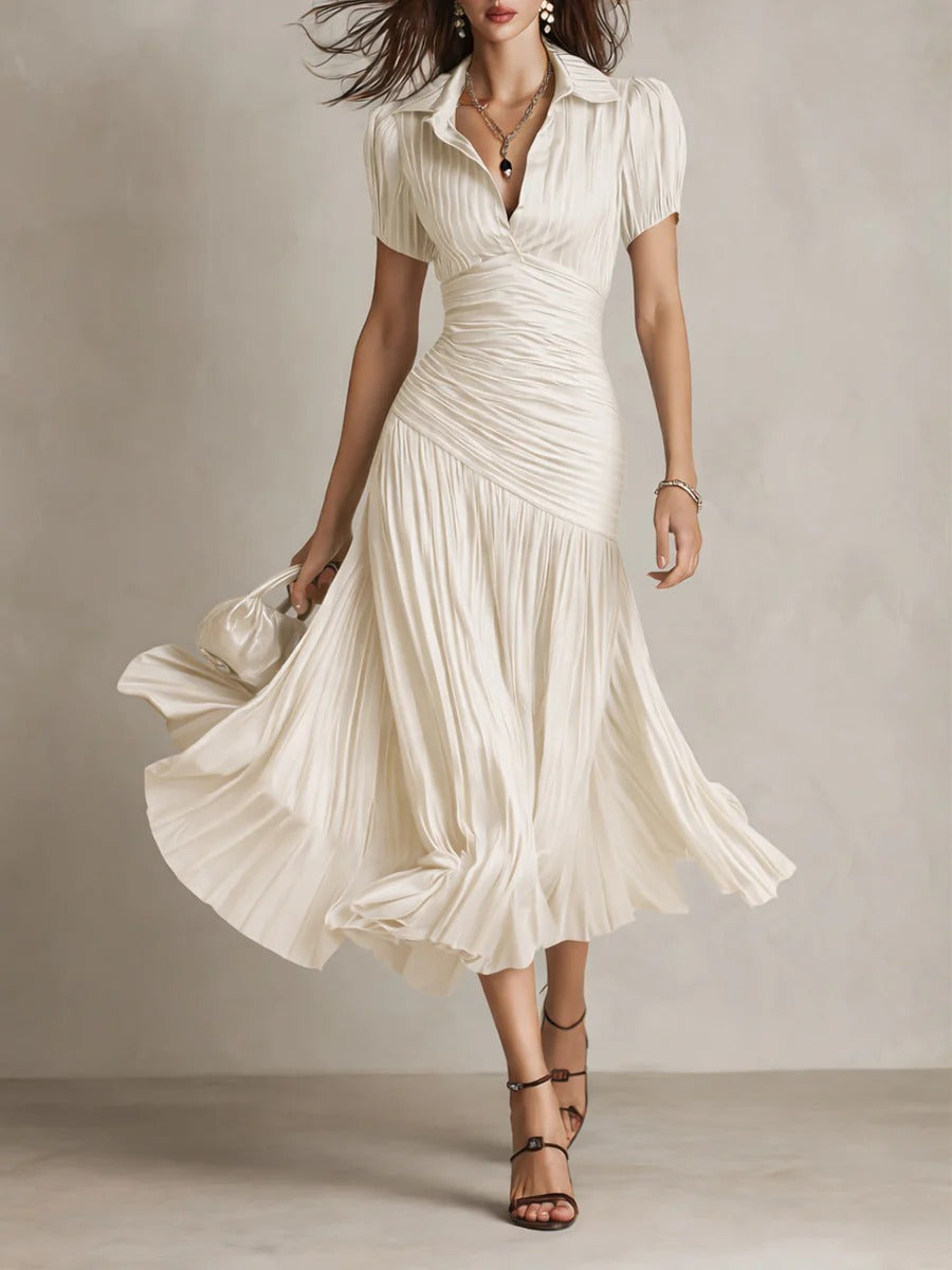 Retro Striped Satin Pleated Bodycon Midi Dress