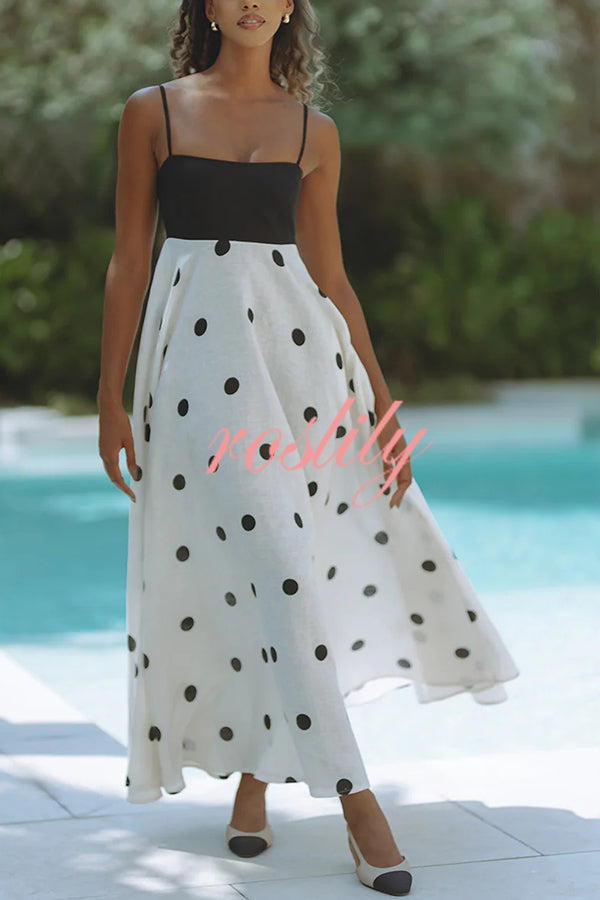 Alias Linen Blend Polka Dot Colorblock Back Smocked Pocket Slip Maxi Dress