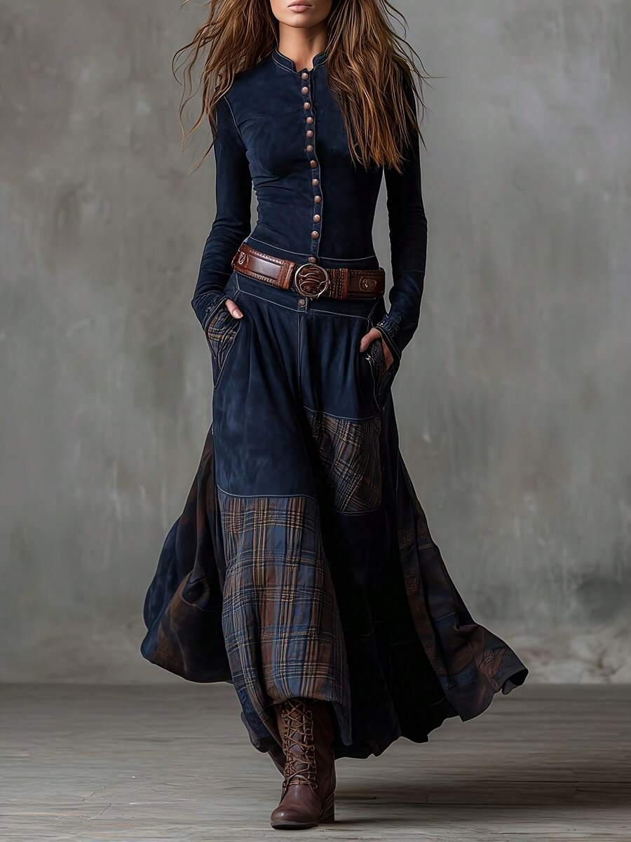 Vintage Boho Button-Up Patchwork Maxi Dress