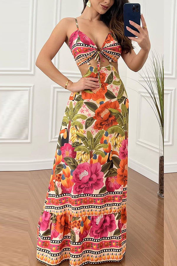 Mexico Style Tropical Print Ring Cutout Lace-up Vacation Maxi Dress