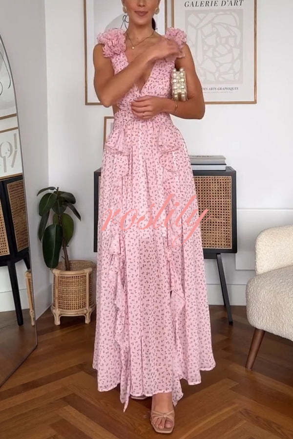 Wedding Dreams Chiffon Printed Flutter Sleeve Cutout Back Lace-up Maxi Dress