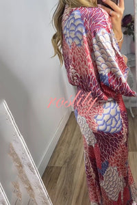Satin Floral Print V-neck Half-sleeve Loose Top and Elegant Maxi Skirt Set