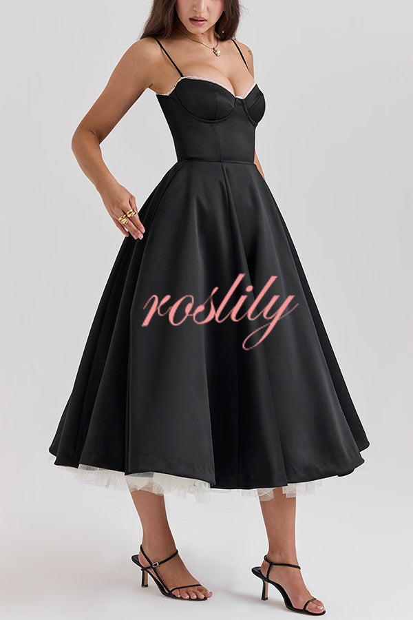 Fairytale Vibe Satin Patchwork Tulle Sweetheart Neck Pocket Stretch Midi Dress