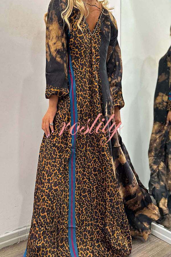 Touch of Fall Tie-dye Leopard Colorblock A-line Swing Maxi Dress