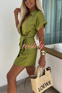 Relaxing Beach Linen Blend Solid Color Wrap Loose Shirt Romper