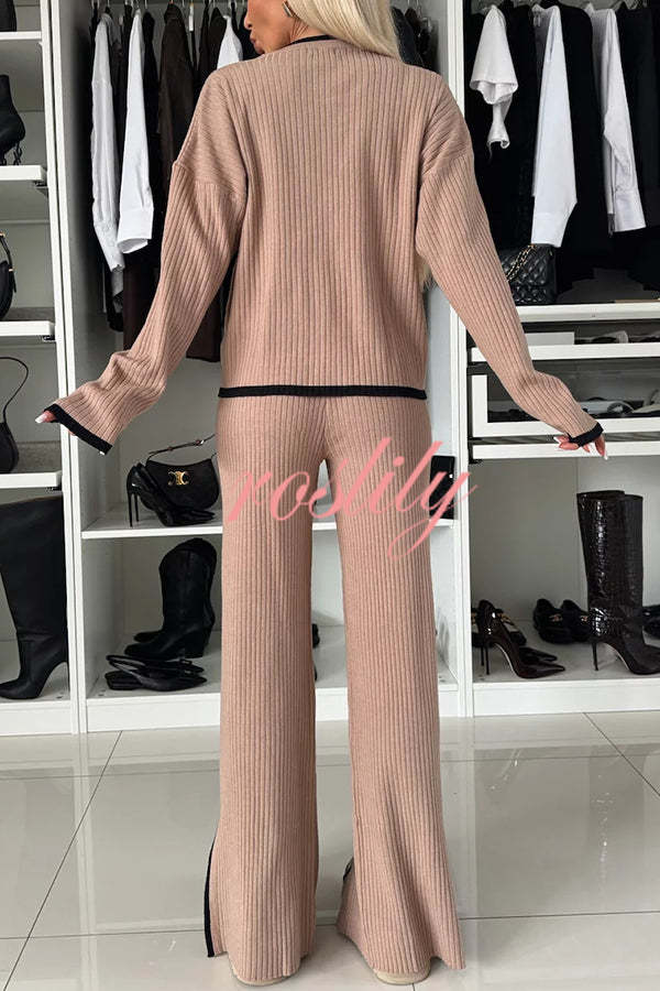 Warm Embrace Knit Ribbed Colorblock Trim Pocket Top and Stretch Slit Pants Set