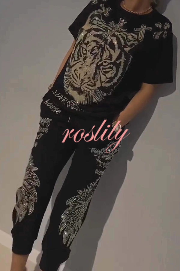 Stylish Tiger Print Short Sleeve Crew Neck Top and Elastic Waist Pocket Pants Set