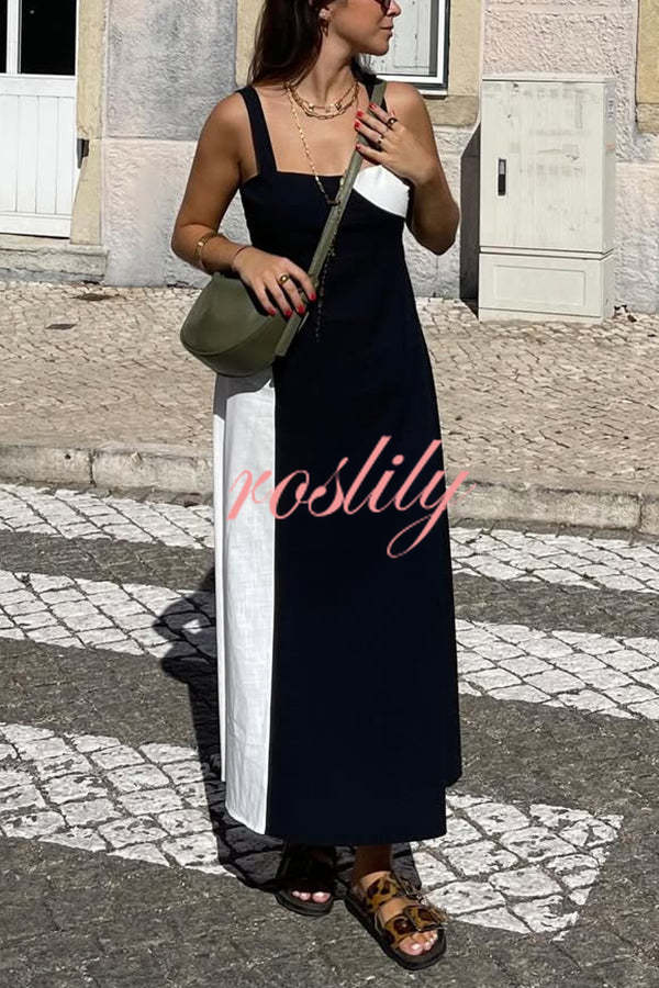 Simple and Stylish Contrast Color Sling Back Smocked Maxi Dress