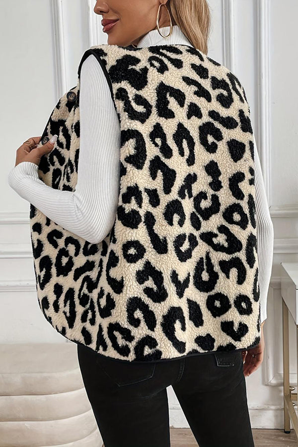 Leopard Print Sleeveless Button Plush Vest Jacket