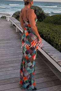 Little Mermaid Colorful Scales Print Halter Maxi Dress