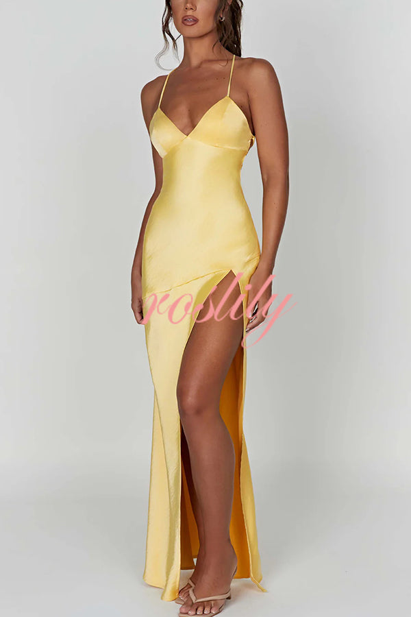 Satin Solid Color Sexy Backless Lace Up High Slit Maxi Dress