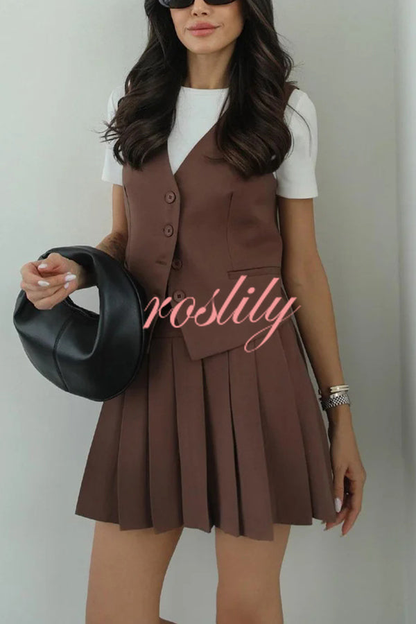 Solid Color Sleeveless Buttoned Vest and High-waisted Pleated Mini Skirt Set