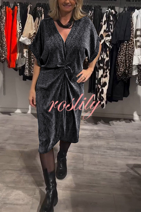 Solid Color Glossy V-neck Short-sleeved Loose Midi Dress