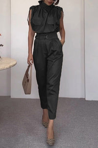 Statement Breast Pocket High Neck Top and Side Pocket Belt Long Pant Set