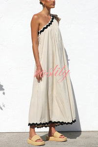 Linen Blend One Shoulder Tie Resort Maxi Dress