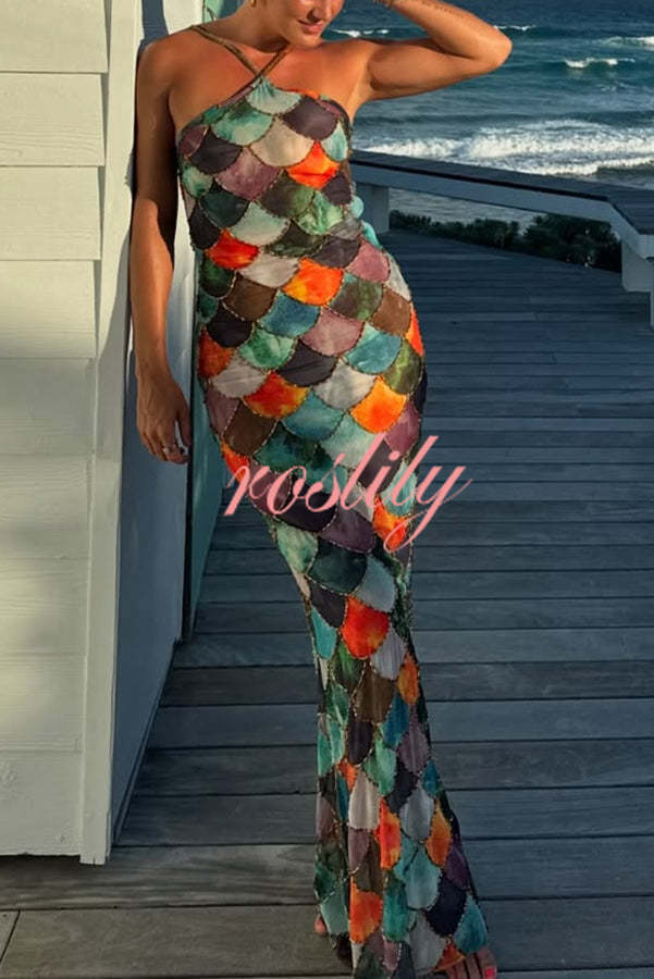 Little Mermaid Colorful Scales Print Halter Maxi Dress