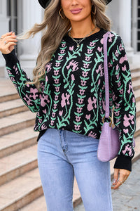 Fashionable Floral Knitted Crew Neck Casual Sweater