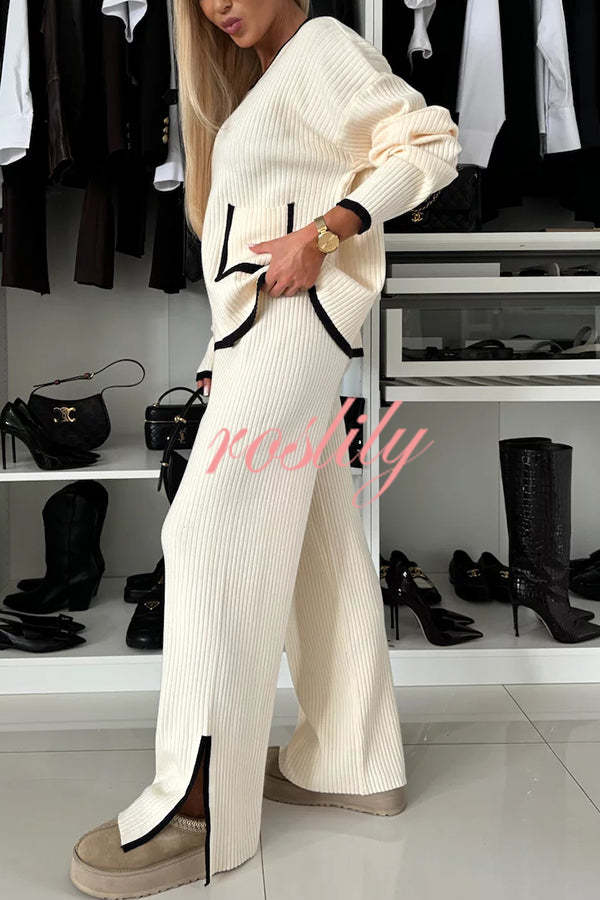 Warm Embrace Knit Ribbed Colorblock Trim Pocket Top and Stretch Slit Pants Set