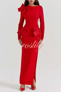 Lovely Bow Cutout Button Back Zipper Long Sleeve Maxi Dress