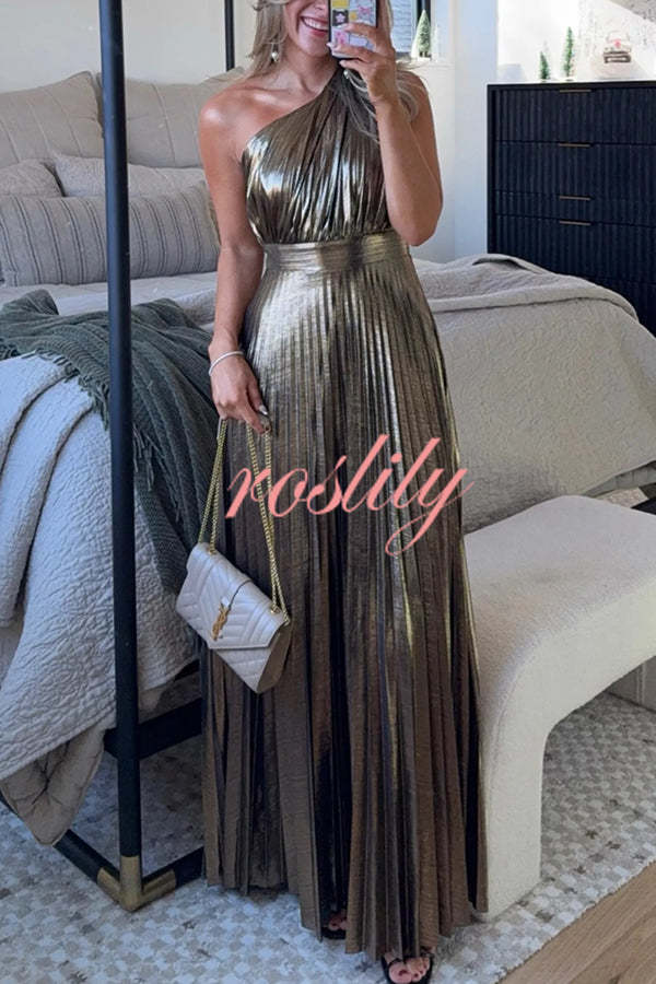 Be My Guest Metallic Fabric Pleated One Shoulder Maxi Dress