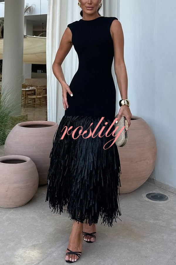 Christie Ribbed Patchwork Tiered Fringed Hem Zipper Backless Maxi Dress