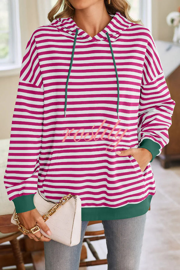 Striped Print Long Sleeve Pocket Loose Hoodie