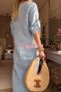 Ultra-comfortable Linen Blend Half Sleeve Front Button Detail Relaxed Pocket Midi Dress