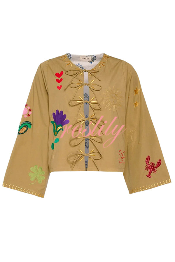 Fashionable Embroidered Lace-up Long-sleeved Loose Top