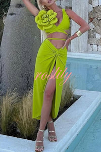 Solid Color Elastic Waist High Slit Loose Holiday Midi Skirt
