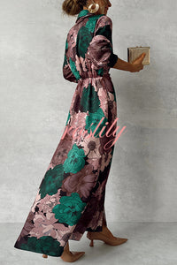 Floral Print Lapel Waisted Lace-up Long-sleeve Maxi Dress