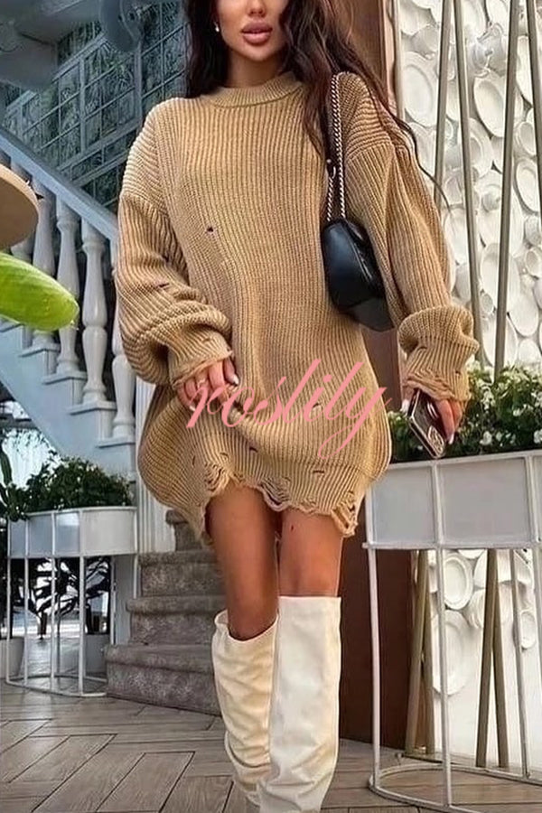 Solid Color Loose Ripped Knitted Mid-length Sweater