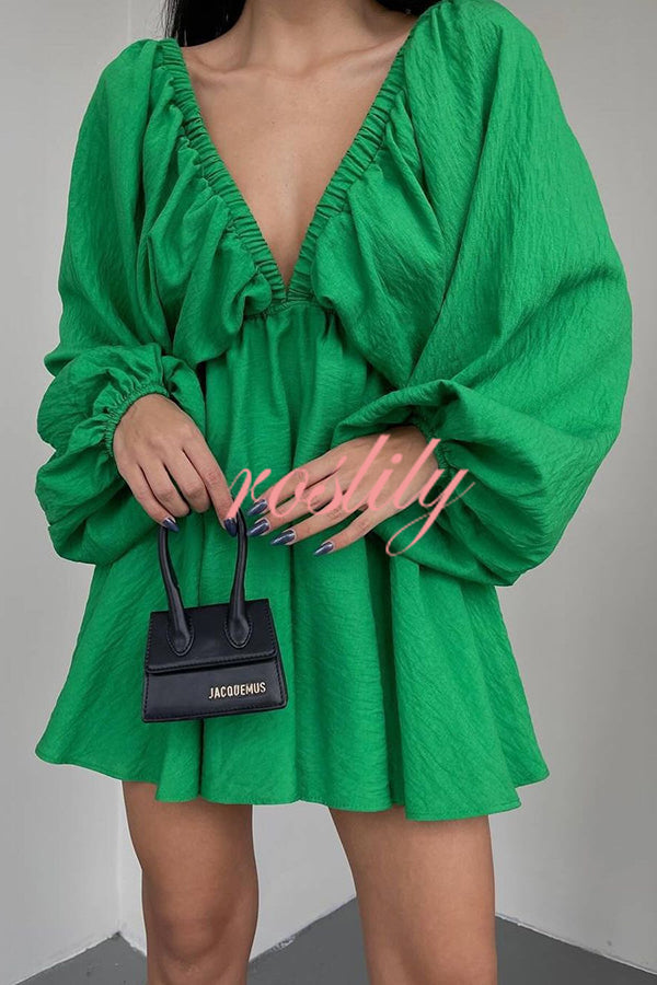 V Neck Puff Sleeve Solid Color Resort Style Mini Dress