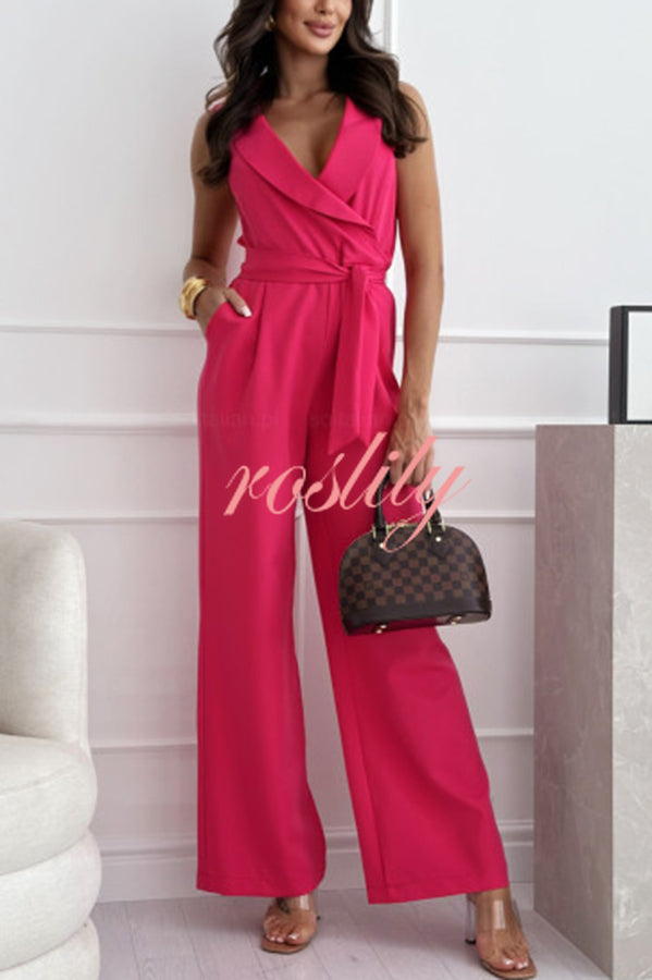 Make Your Entrance Lapel Belt Pocketed Wide Leg Formal Jumpsuit